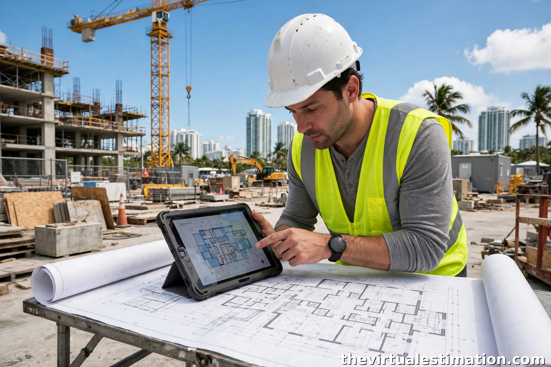 Estimator reviewing blueprints at a Miami construction site with a tower crane behind
