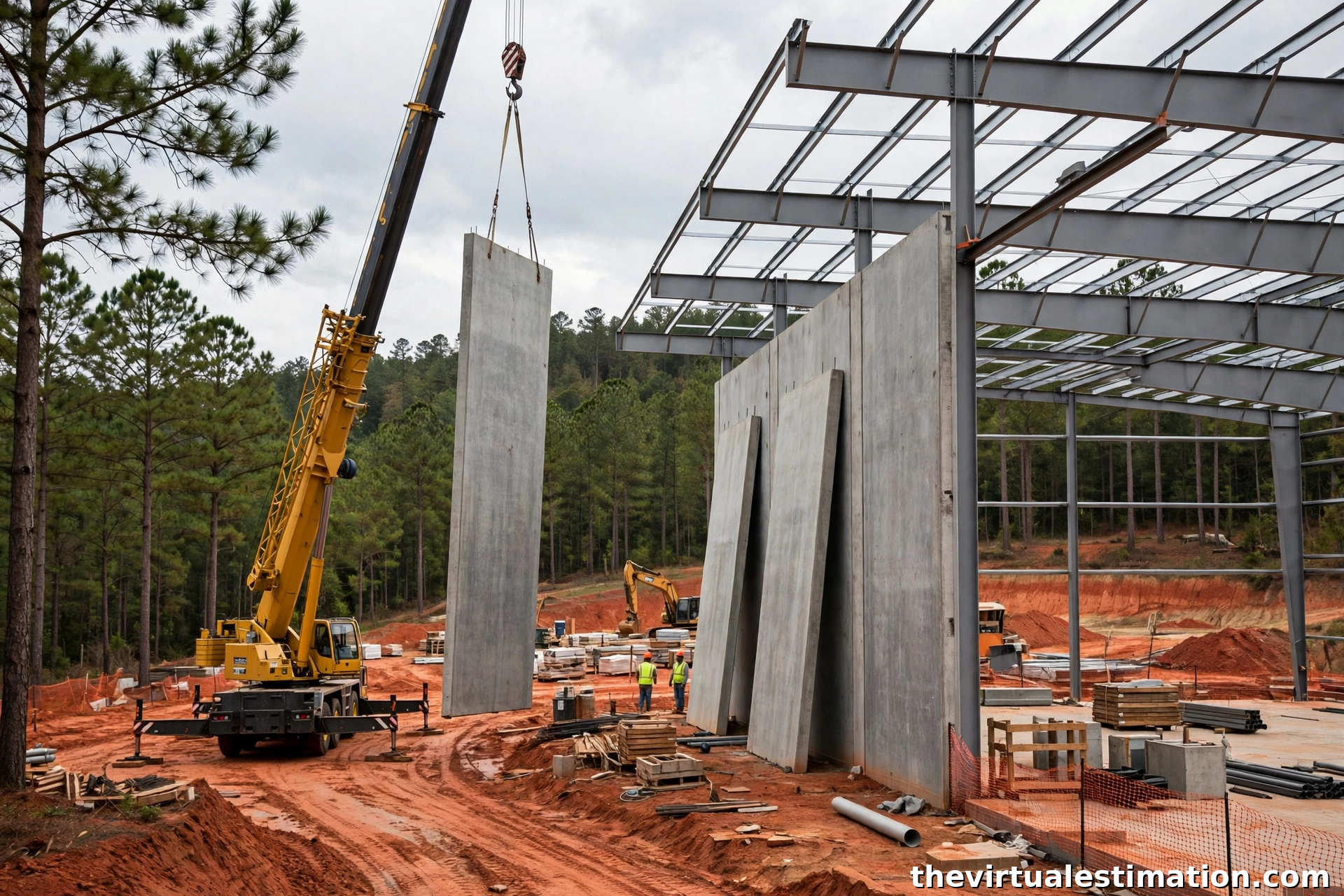 Tilt-up concrete warehouse under construction in metro Atlanta, crane lifting a wall panel