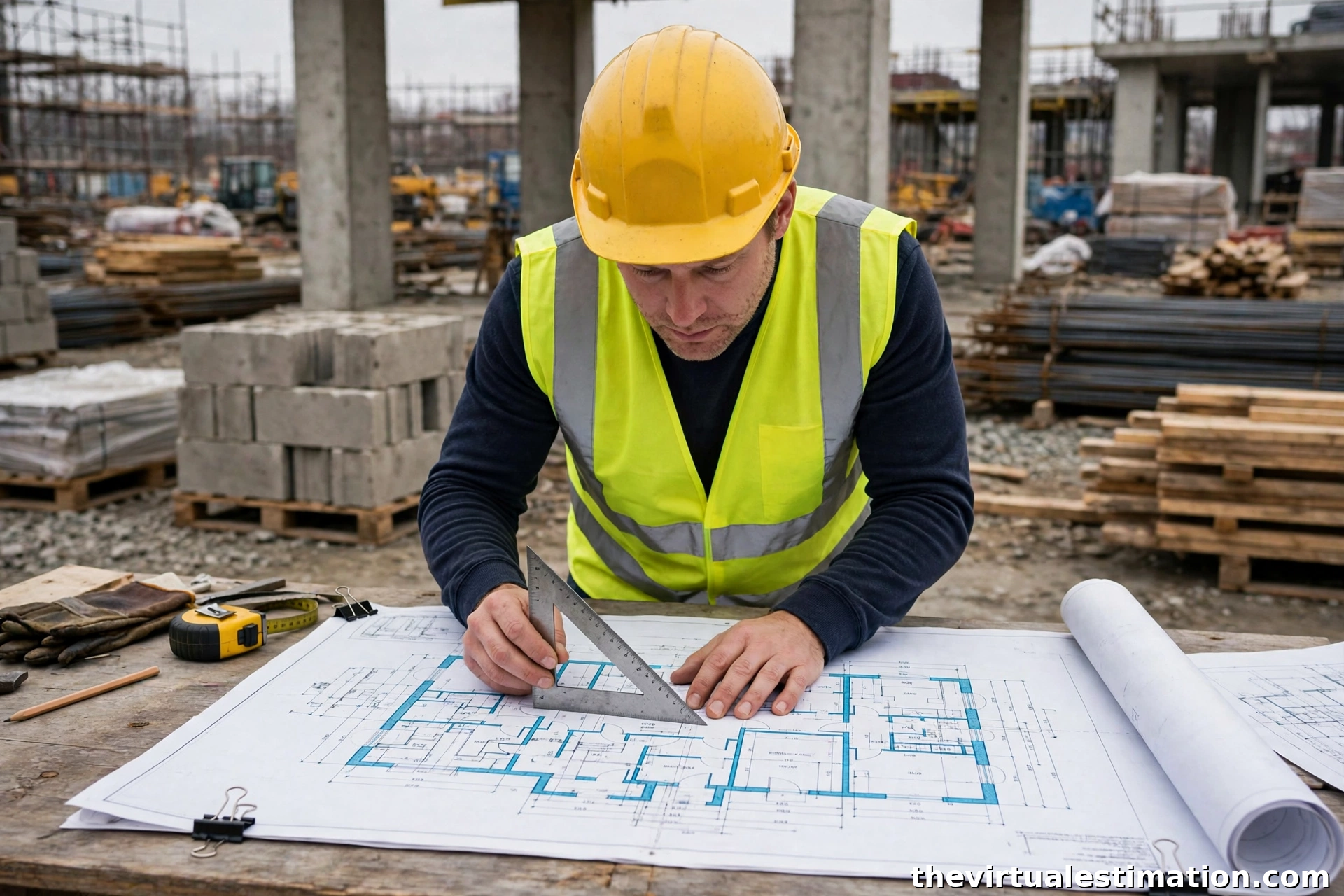 Construction estimator reviewing architectural drawings at an Atlanta commercial job site
