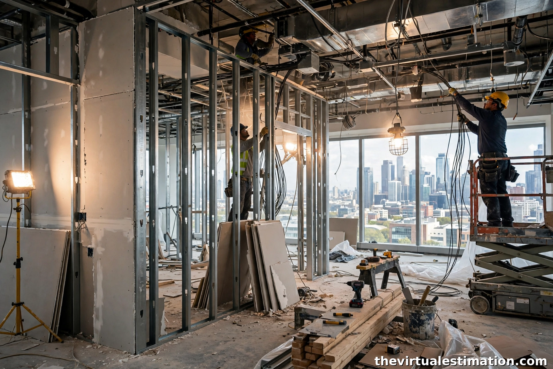 Commercial office interior buildout under construction with stud framing and ceiling work