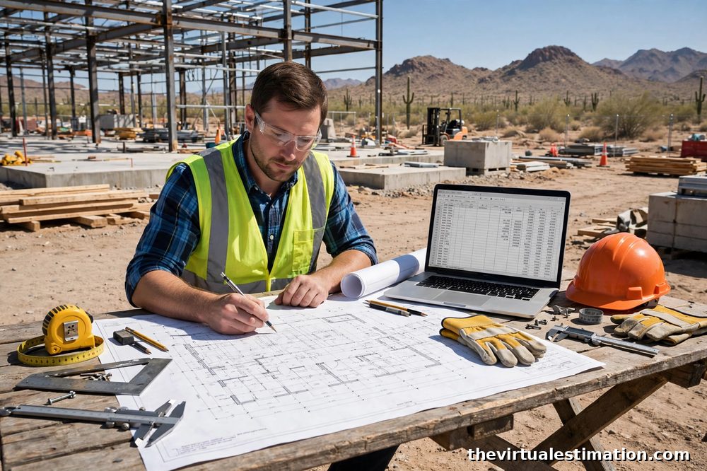 Construction estimator reviewing blueprints and a takeoff spreadsheet at a Phoenix jobsite