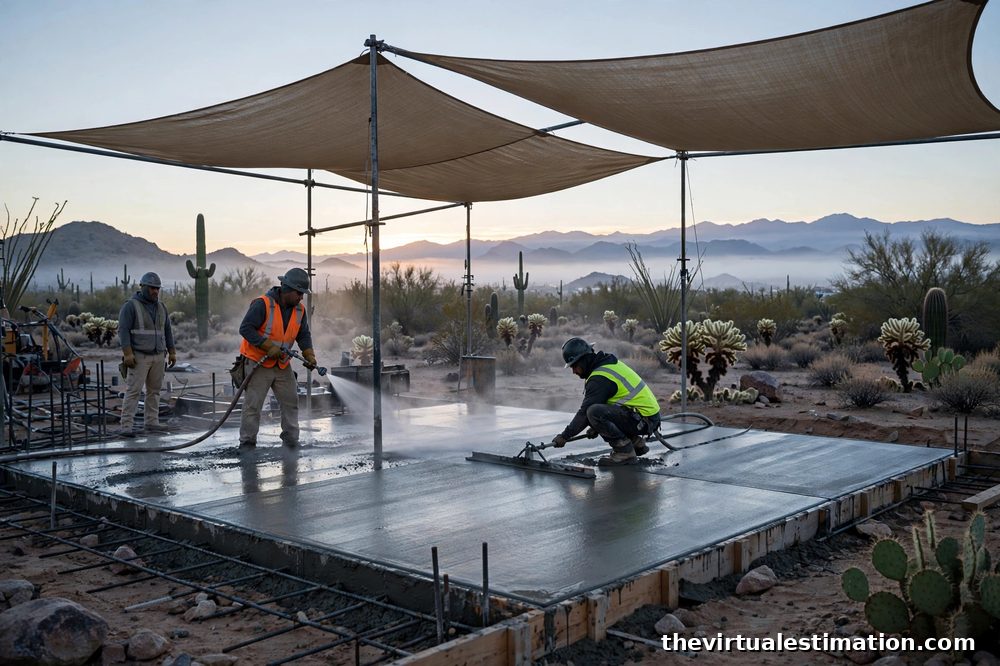 Workers pouring and finishing a large concrete slab at dawn in the Arizona desert