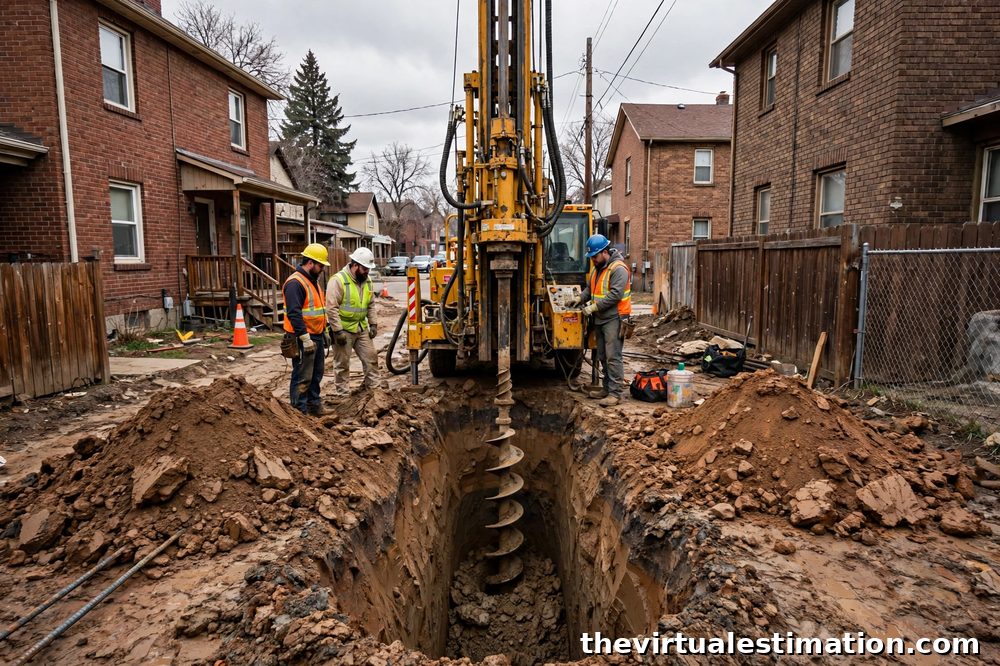 Geotechnical drill rig boring a deep pier hole on a tight Denver residential infill lot