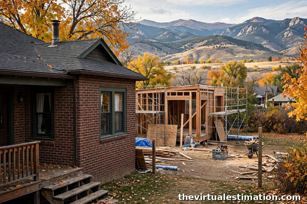 Small modern backyard accessory dwelling unit under construction behind a Denver brick bungalow