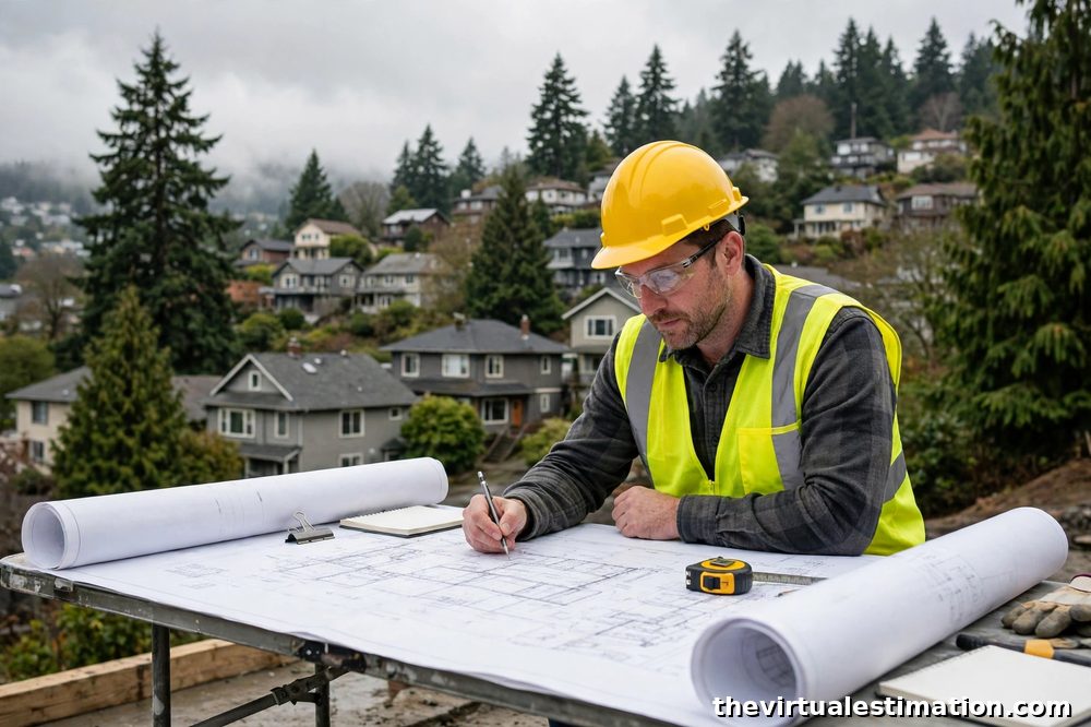 Construction estimator reviewing architectural plans at a Seattle job site with a hillside neighborhood in the background