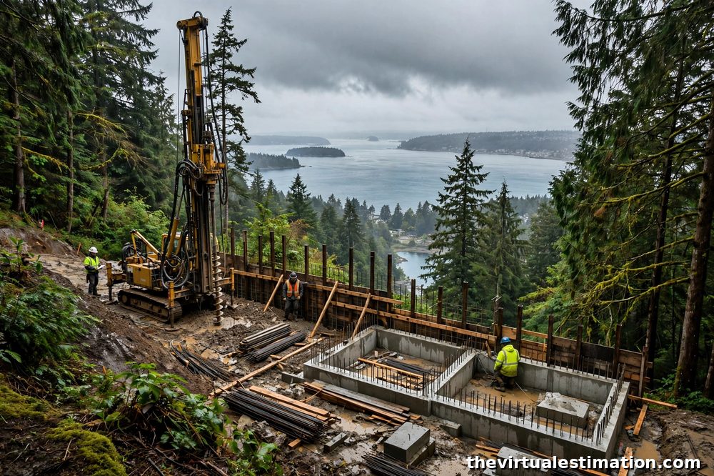 Geotechnical drilling and shoring work on a steep Seattle hillside foundation site with evergreen trees