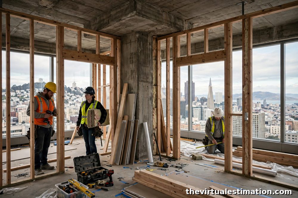 New apartment unit framing inside a downtown San Francisco office building being converted to housing
