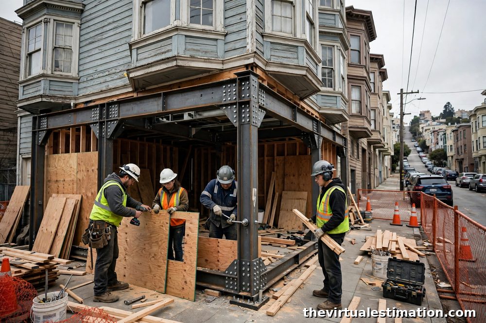 Seismic retrofit work installing steel frames and shear walls at the ground floor of an older San Francisco building