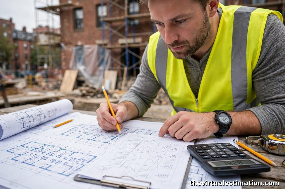 Estimator reviewing architectural blueprints and a takeoff sheet at a Boston renovation site