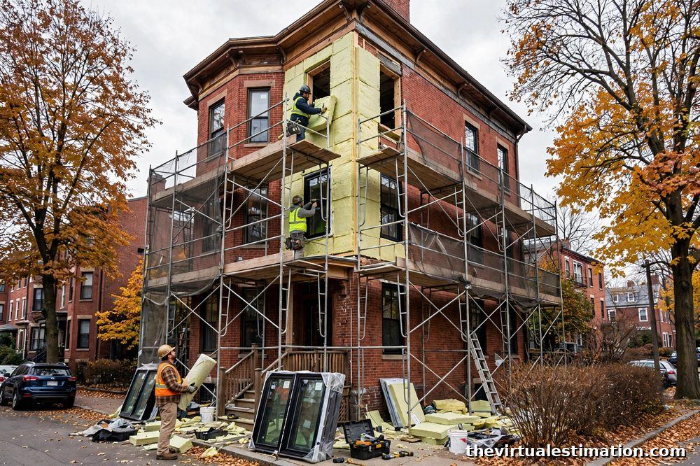 Workers installing insulation and energy efficient windows on a historic Boston brick triple-decker house