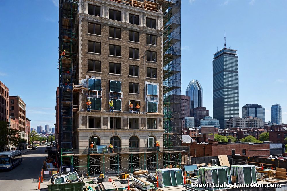 Downtown Boston office building being converted to apartments with new windows being installed