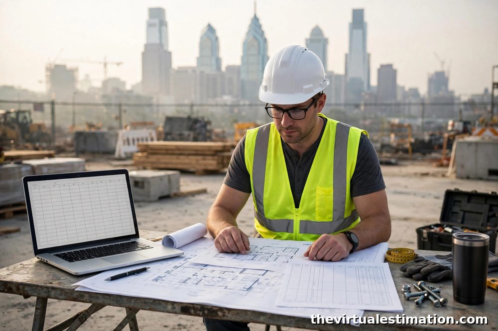 Construction estimator reviewing architectural blueprints and a takeoff sheet at a Philadelphia job site