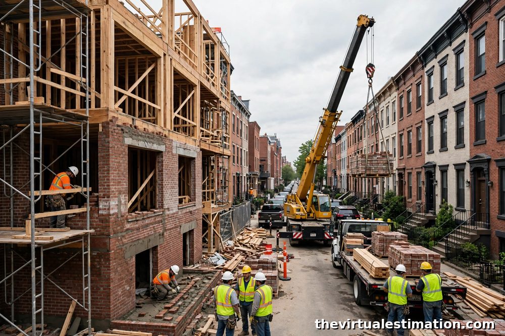 New residential construction with wood framing and brick veneer work on a Philadelphia neighborhood street
