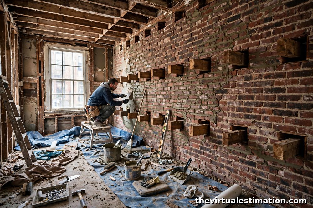 Estimator inspecting a Philadelphia rowhouse renovation with exposed brick party wall and wood joists in wall pockets